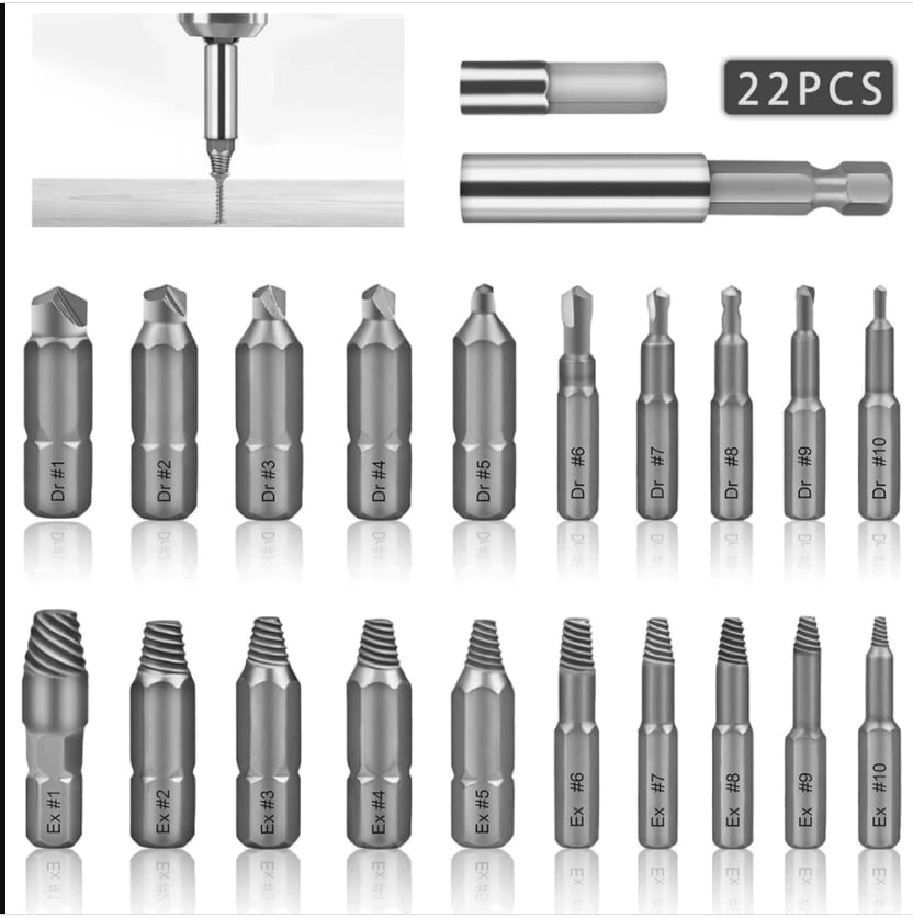 LBokai@Damaged Stripped Screw Extractor Set for Stripping Broken Screw, All-Purpose HSS Broken Bolt Extractor Screw Remover Set with Magnetic Extension Bit Holder & Socket Adapter（22 PCS ）